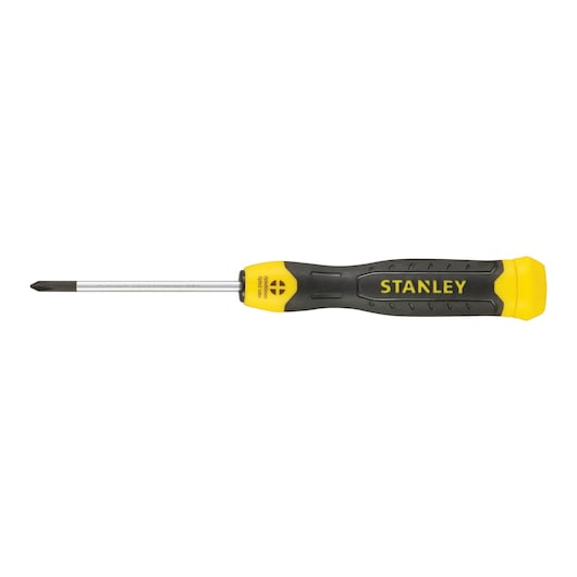 STANLEY 0-64-930 Phillips screwdriver with yellow and black ergonomic handle, side view on white background.