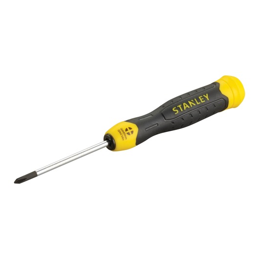 Photo of STANLEY 0-64-930 screwdriver with yellow and black ergonomic handle, flat tip, side angle on white background.