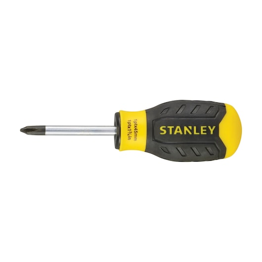 Stanley yellow and black Phillips screwdriver with short handle and metal shaft.