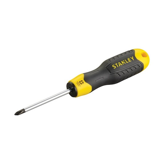 Stanley Phillips screwdriver with black and yellow handle, shown on white background.