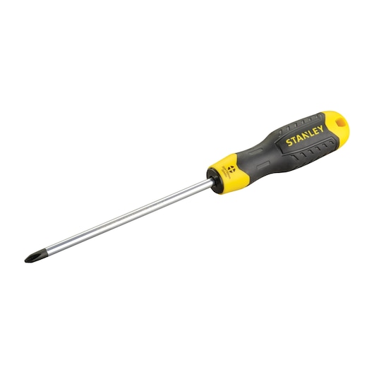 Stanley Phillips screwdriver with yellow and black handle and metal shaft, shown on white background.