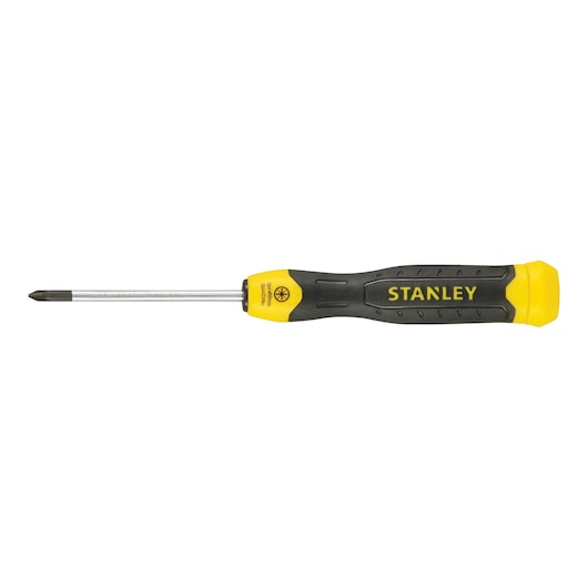STANLEY 0-64-952 Phillips screwdriver with yellow and black handle, side view on white background.