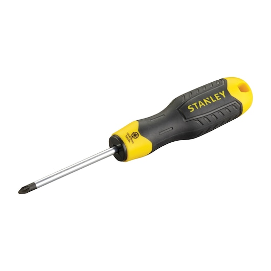 STANLEY 0-64-955 Phillips screwdriver with black and yellow ergonomic handle, side angle on white background.