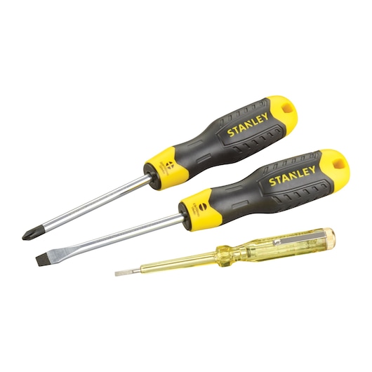 Three STANLEY screwdrivers with black and yellow handles, including a tester and two types for different screw heads.