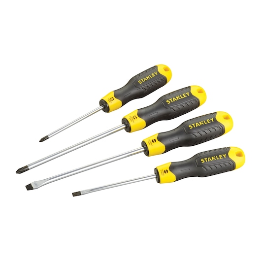 Set of four Stanley screwdrivers with black and yellow handles, two flathead and two Phillips.