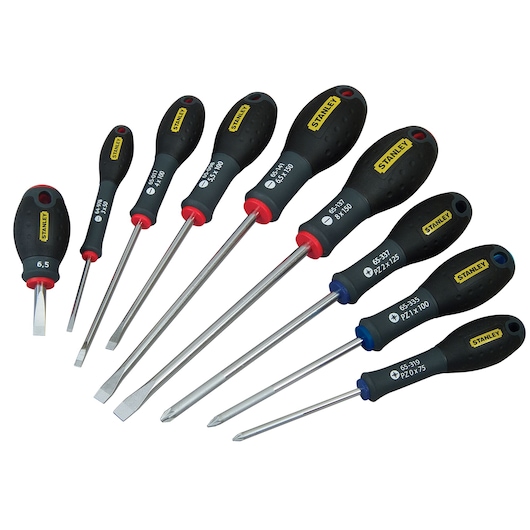 Photo of STANLEY 0-65-424 screwdriver set, nine black and yellow screwdrivers with ergonomic handles, angled on white background.