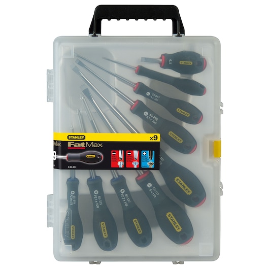 STANLEY 0-65-424 screwdriver set in clear plastic case, nine black and yellow screwdrivers, front angle.