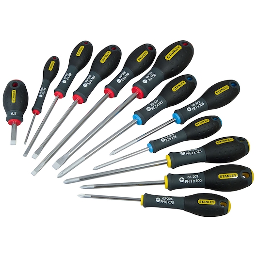 STANLEY 0-65-426 screwdriver set, black and yellow handles, flat and Phillips tips, photo from above.