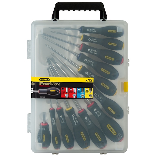 STANLEY 0-65-426 screwdriver set in a transparent plastic case, contains 12 FatMax screwdrivers with black and yellow handles, front angle.