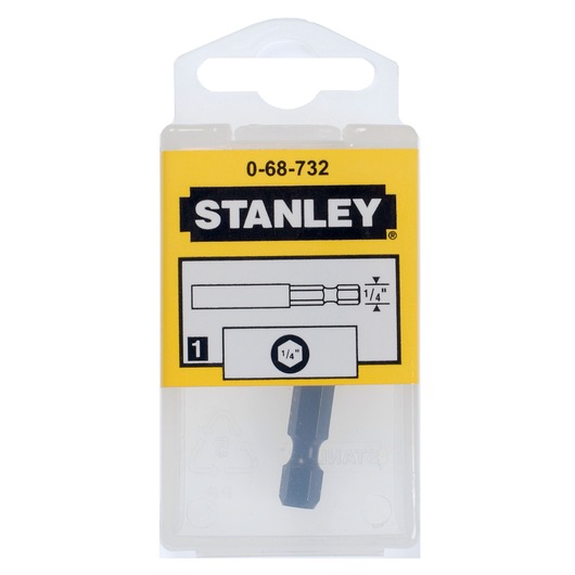 Photo of STANLEY 0-68-732 hex screwdriver bit in packaging, 1/4 inch size, front angle, yellow label.