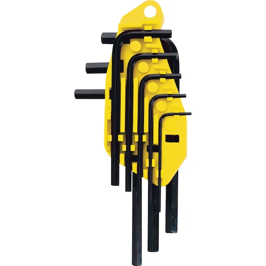 STANLEY 69-251 hex key set with black L-shaped wrenches in yellow holder, front angle on white background.