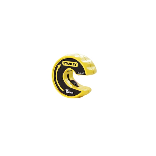 Photo of STANLEY 0-70-445 yellow and black pipe cutter, compact circular tool, side angle on white background.