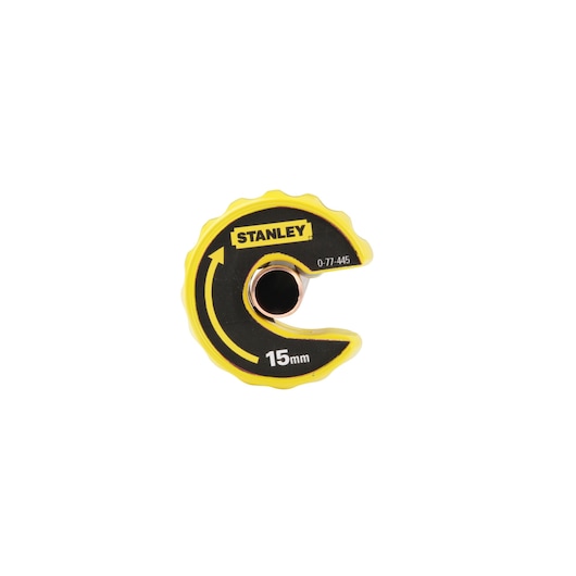 STANLEY 0-70-445 15mm mini pipe cutter in yellow and black, front angle on white background.