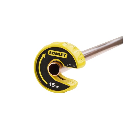 STANLEY 0-70-445 pipe cutter for 15mm pipes, yellow and black, side angle on white background.