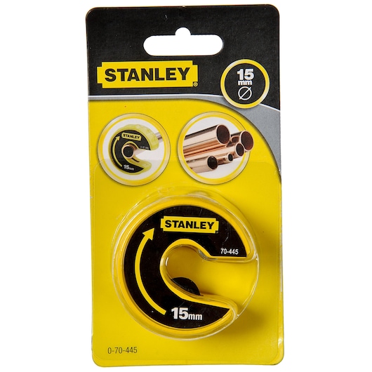 STANLEY 0-70-445 pipe cutter 15mm in yellow and black, packaged, product front on white background.