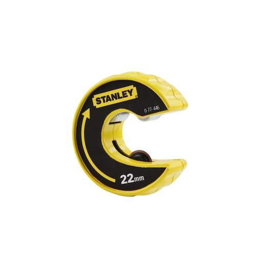 STANLEY 0-70-446 pipe cutter 22mm, yellow and black compact circular tool, product photography, front angle.