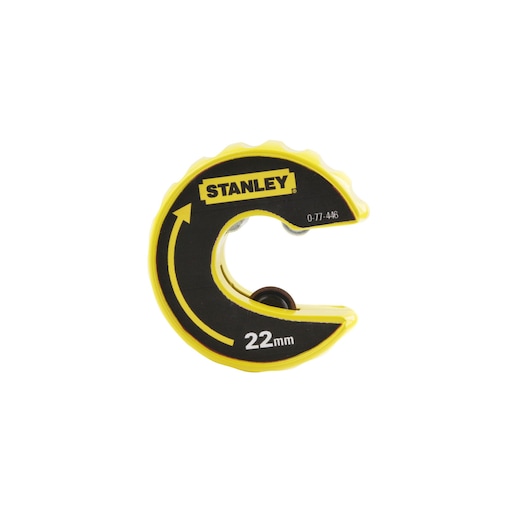 Photo of STANLEY 0-70-446 tube cutter, black and yellow, 22mm size, front angle on white background.