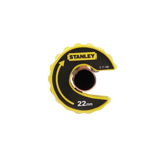STANLEY 0-70-446 pipe cutter, 22mm, yellow and black, top view, white background.