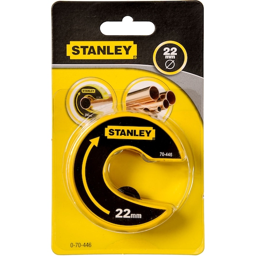 STANLEY 0-70-446 pipe cutter, 22mm size, black and yellow, packaging front angle.