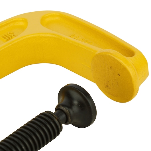 STANLEY 0-83-033 yellow C-clamp photography, close-up angle showing screw and cast frame