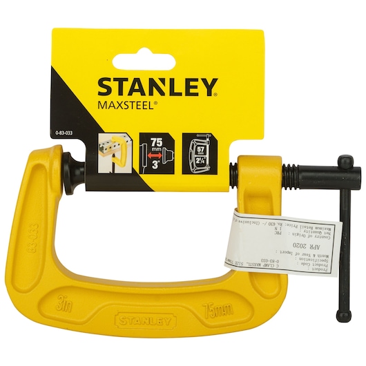 Stanley 0-83-033 MaxSteel C-clamp, 75mm, yellow, front angle, photography of product with packaging.
