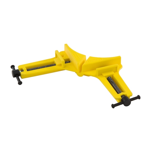 STANLEY 0-83-121 yellow angle clamp for woodworking, side view on white background.