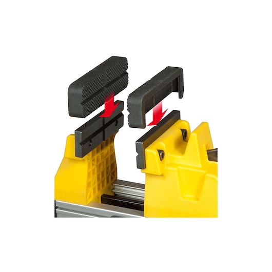 STANLEY 0-83-179 photography of yellow vise with removable black jaws, front angle, arrows showing installation.