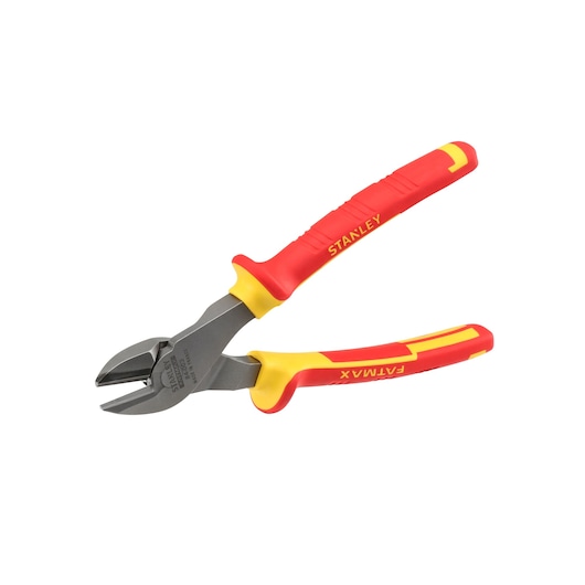 Stanley side cutting pliers with red and yellow insulated handles, suitable for electrical work.