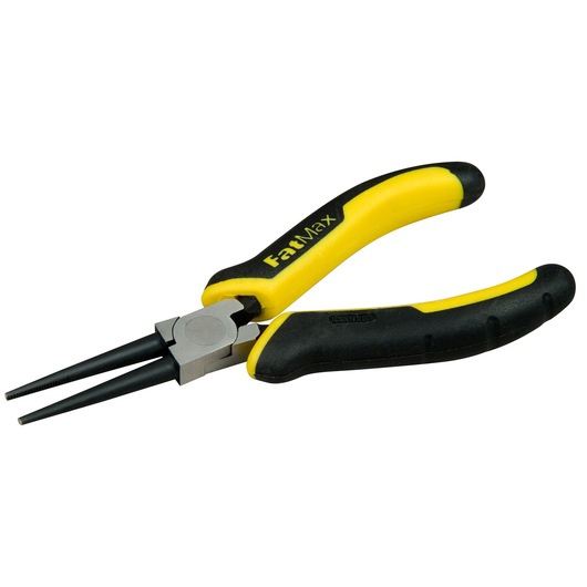 STANLEY 0-84-496 long nose pliers with yellow and black FatMax handles, angled side view on white background.