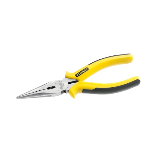 STANLEY 0-84-625 long nose pliers with yellow and black handles, side view on white background.