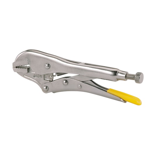 STANLEY 0-84-810 locking pliers with chrome finish and yellow handle grip, product side view on white background.