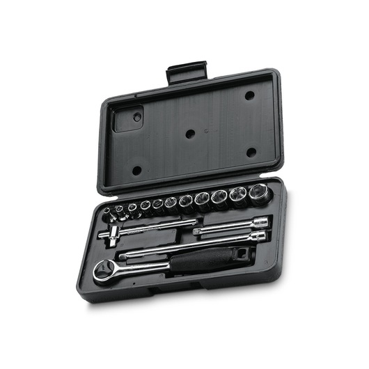 STANLEY 0-86-775 socket set with ratchet and accessories in black plastic case, overhead angle.