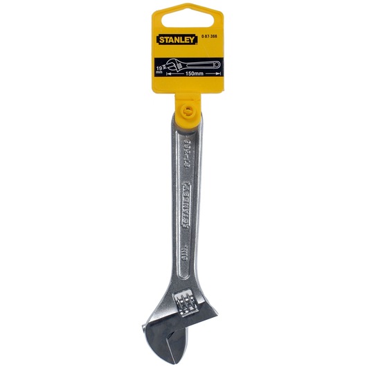Stanley 0-87-366 adjustable wrench, 150mm, silver metal, photographed from front on white background.