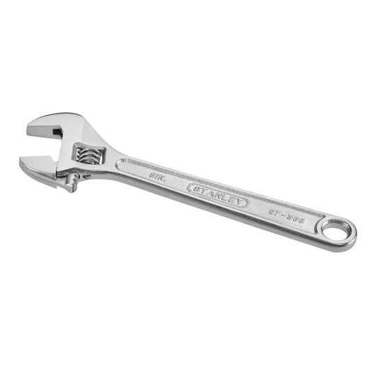 STANLEY 0-87-368 adjustable wrench, silver hand tool, side angle on white background.