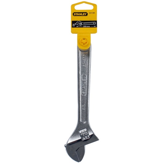 Photo of STANLEY 0-87-368 adjustable wrench, 200 mm, silver, front view on white background.