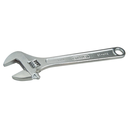 Photo of STANLEY 0-87-470 adjustable wrench, silver metal, angled left on white background, hand tool.