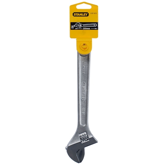 STANLEY 0-87-470 adjustable wrench, silver metal, front angle, yellow packaging, hand tool category.