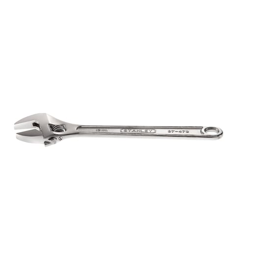 Stanley adjustable wrench with metal handle and open jaw on white background.