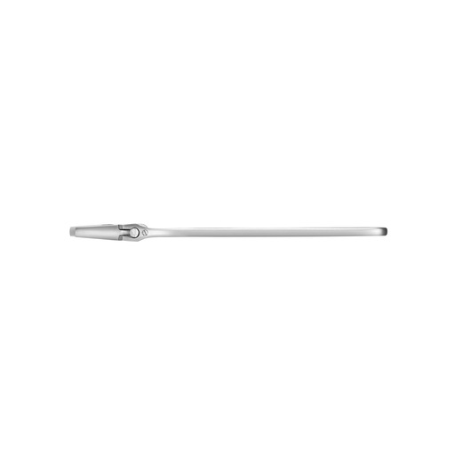 Slim metal hand tool with jointed head, photographed from the side on a plain white background.