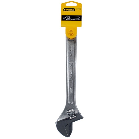 STANLEY 0-87-472 adjustable wrench, silver and black, front view with yellow packaging.
