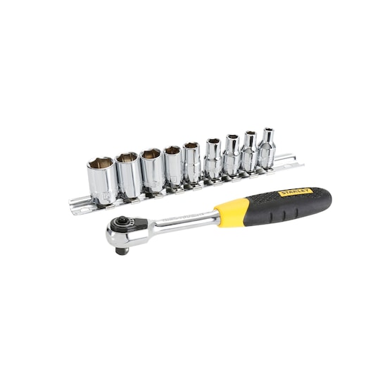 STANLEY 0-94-610 socket wrench set with black and yellow handle and nine chrome sockets, front angle on white background.