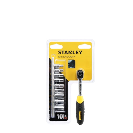 STANLEY 0-94-610 socket set with ratchet and 10 sockets, photo of product packaging on white background.