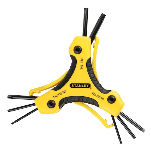 STANLEY 0-95-961 yellow and black folding Torx key set, photography, shown from angle with tools extended.