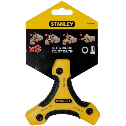 STANLEY 0-95-961 photography of yellow and black tri-wing Torx key set, front angle on white background.