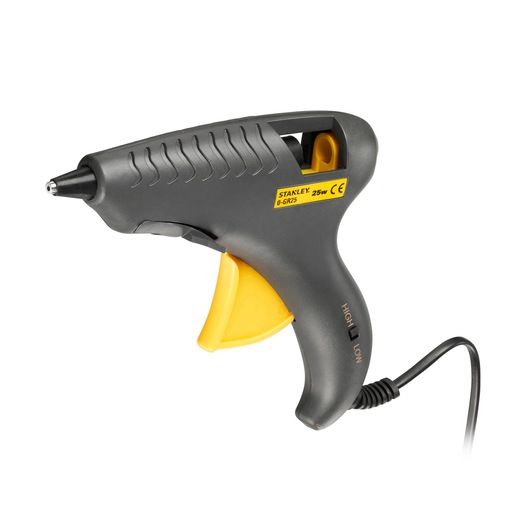 STANLEY 0-GR25 glue gun, black and yellow, side view on white background, corded design.