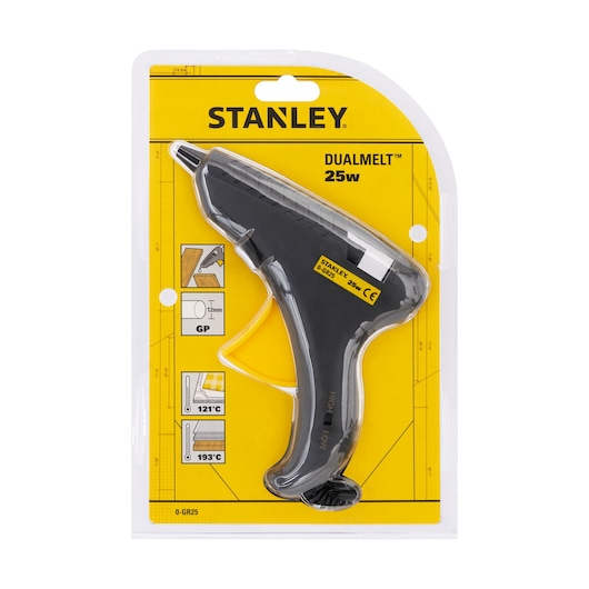 Photo of STANLEY 0-GR25 glue gun 25W, black and yellow, in retail packaging, product front view.