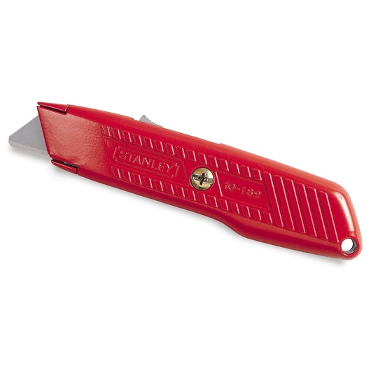 Red Stanley utility knife with metal blade, model 1-10-189, shown against a white background.
