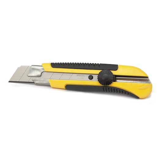 Photo of STANLEY 1-10-425 yellow and black retractable utility knife, side angle view.