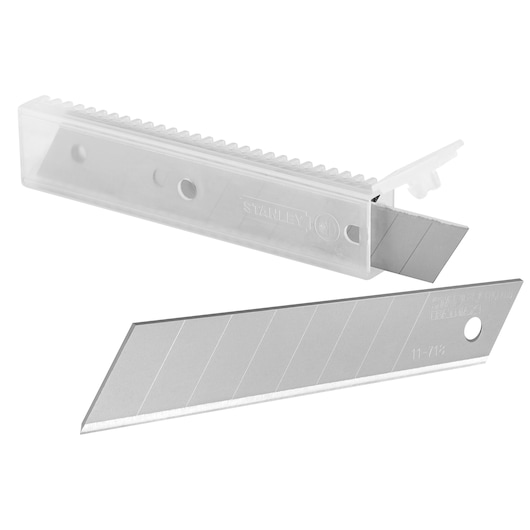 STANLEY 1-11-718 utility knife replacement blades, silver, segmented edge, shown with clear plastic case, product photo.