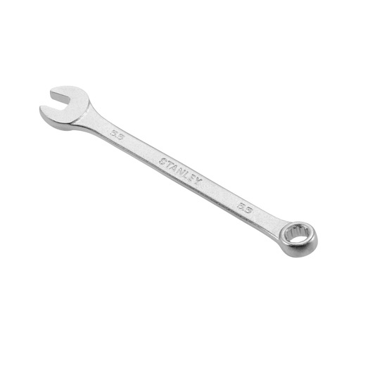 Stanley combination spanner with open and ring ends, made of metal and used for tightening or loosening bolts.